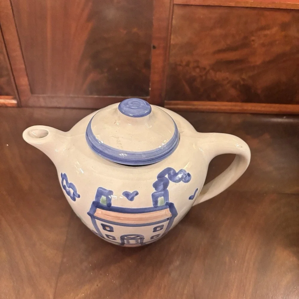Vintage M.A. Hadley Country Scene Blue House Teapot Hand Painted Pottery